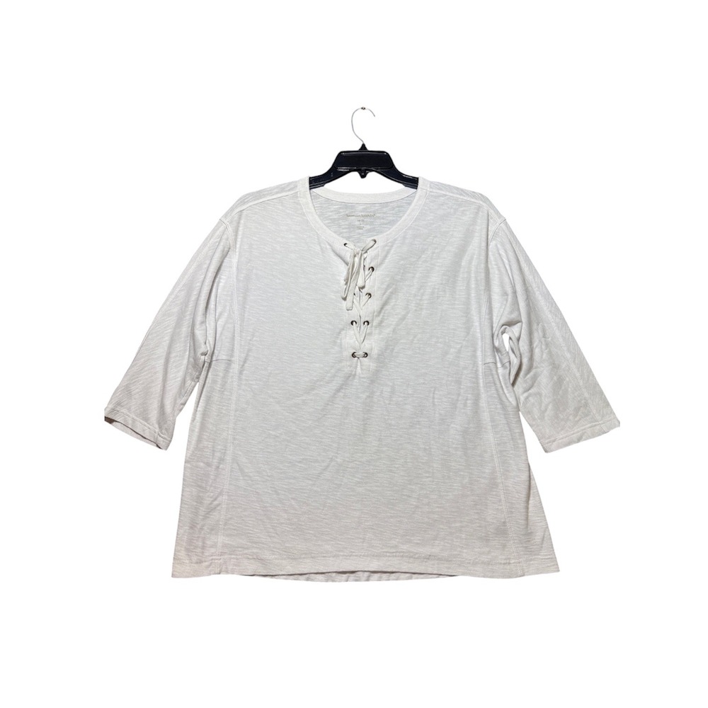 Woman Within Top Women 18/20 White Lace Up Front 3/4 Sleeve Slub Knit 07-1327-1